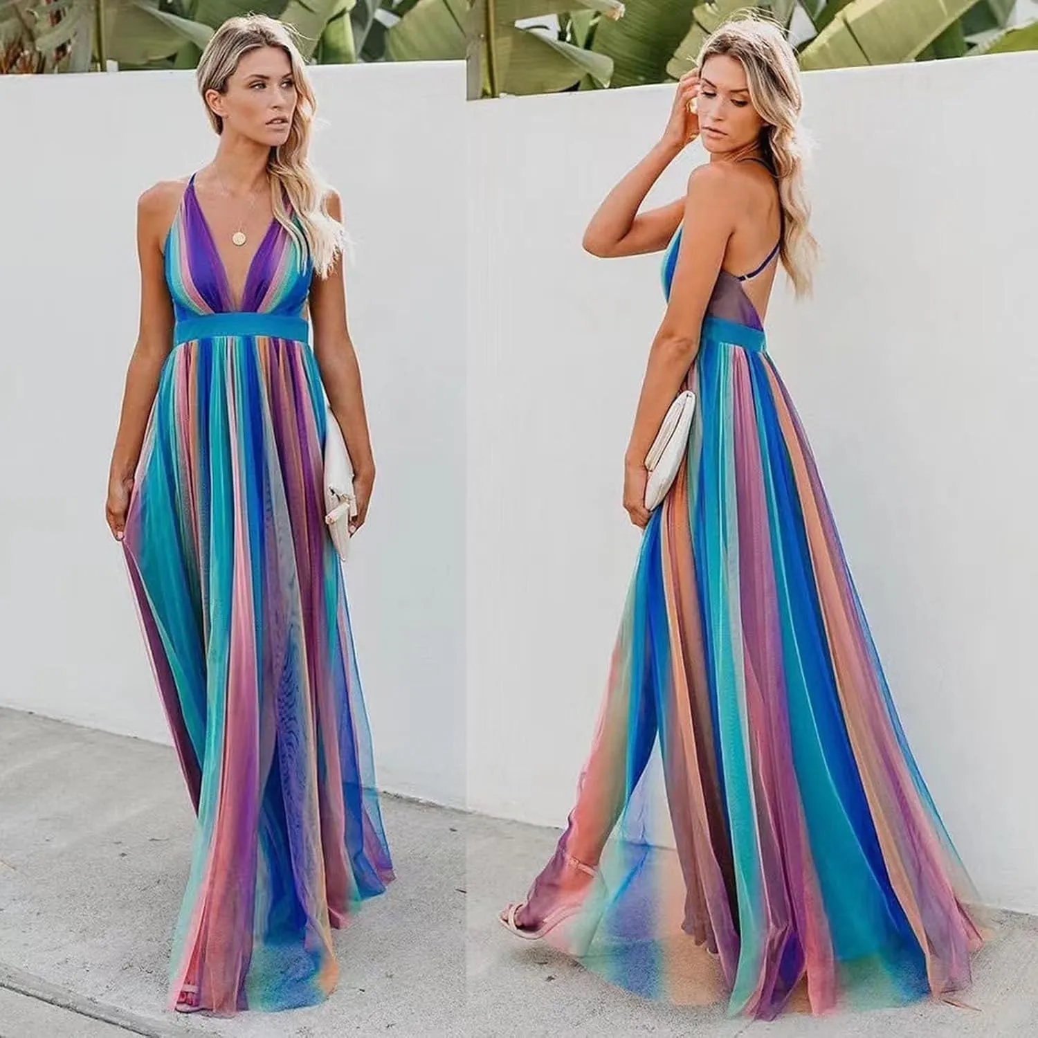 Women Rainbow Summer Dress Deep V Neck Sundress Backless Sexy Spaghetti Strap Stripe Chiffon Party Club Long Maxi Dress