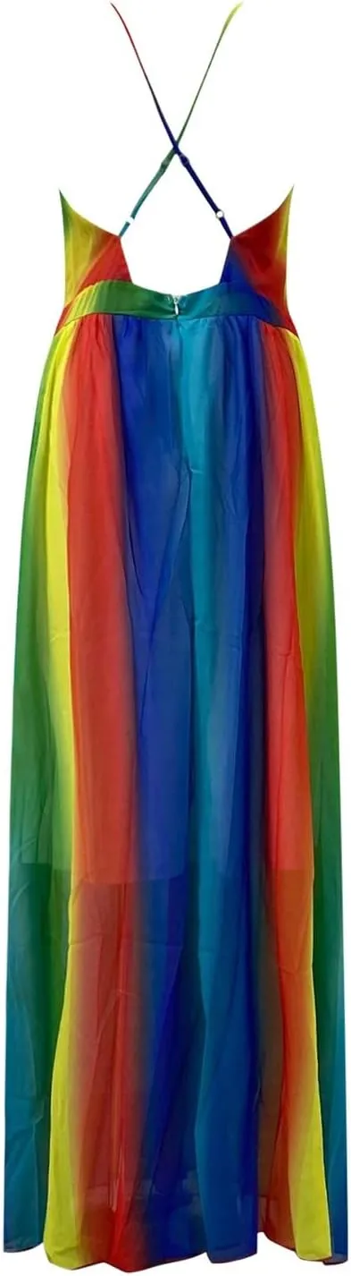 Women Rainbow Summer Dress Deep V Neck Sundress Backless Sexy Spaghetti Strap Stripe Chiffon Party Club Long Maxi Dress