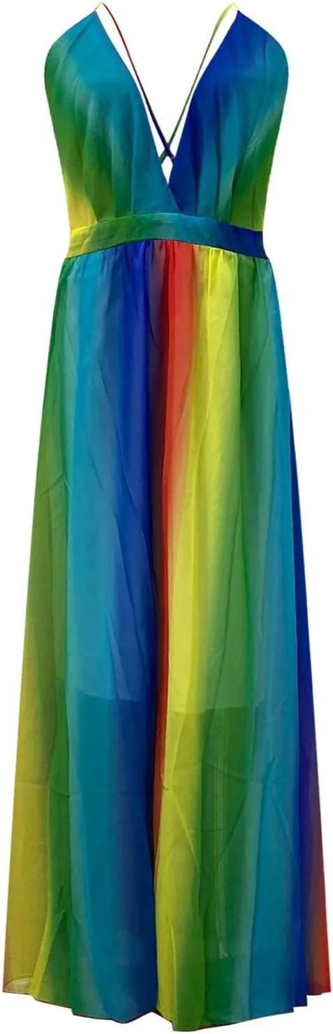 Women Rainbow Summer Dress Deep V Neck Sundress Backless Sexy Spaghetti Strap Stripe Chiffon Party Club Long Maxi Dress
