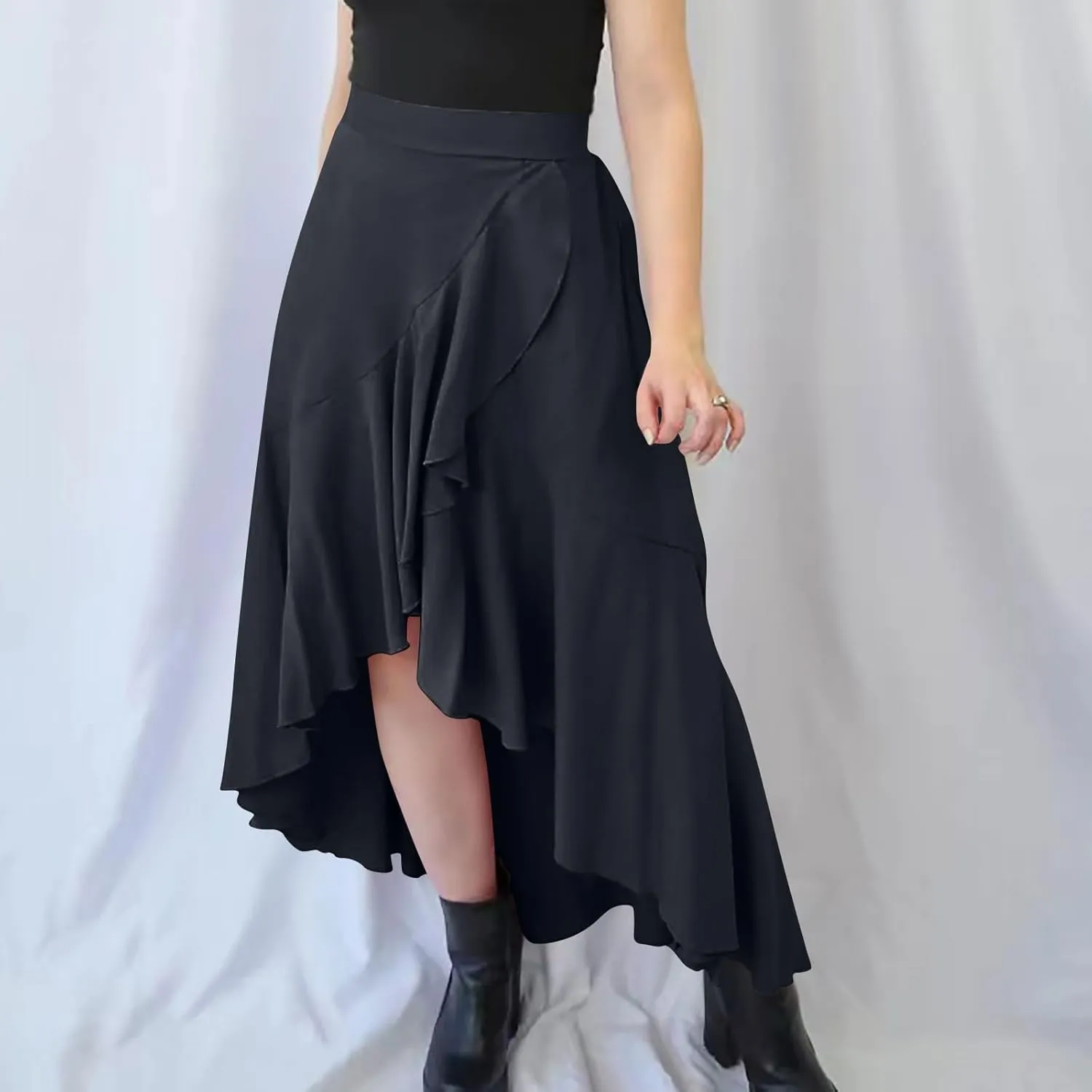 Women Ruffle Wrap Skirts Tie Waist High Low Asymmetrical Boho Midi Beach Skirt Flowy Summer Split Long Maxi Skirts