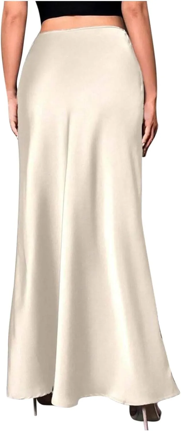 Women Satin High Waisted Maxi Skirts Hidden Elasticized Waistband A Line Long Skirt 2025 Elegant Clothes