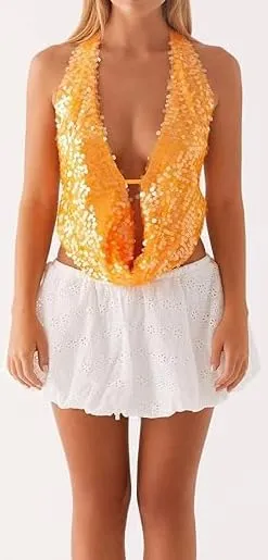 Women Sequin Beaded Halter Cami Top Low Cut Cowl Neck Sleeveless Sparkly Tank Top Y2k Backless Glitter Party Tops