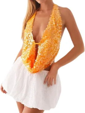 Women Sequin Beaded Halter Cami Top Low Cut Cowl Neck Sleeveless Sparkly Tank Top Y2k Backless Glitter Party Tops