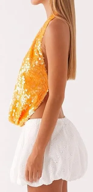 Women Sequin Beaded Halter Cami Top Low Cut Cowl Neck Sleeveless Sparkly Tank Top Y2k Backless Glitter Party Tops