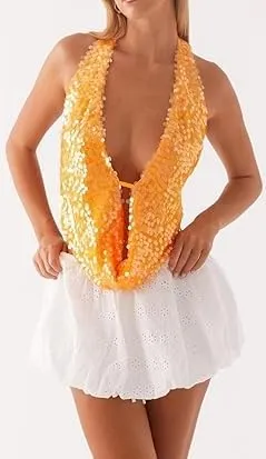 Women Sequin Beaded Halter Cami Top Low Cut Cowl Neck Sleeveless Sparkly Tank Top Y2k Backless Glitter Party Tops