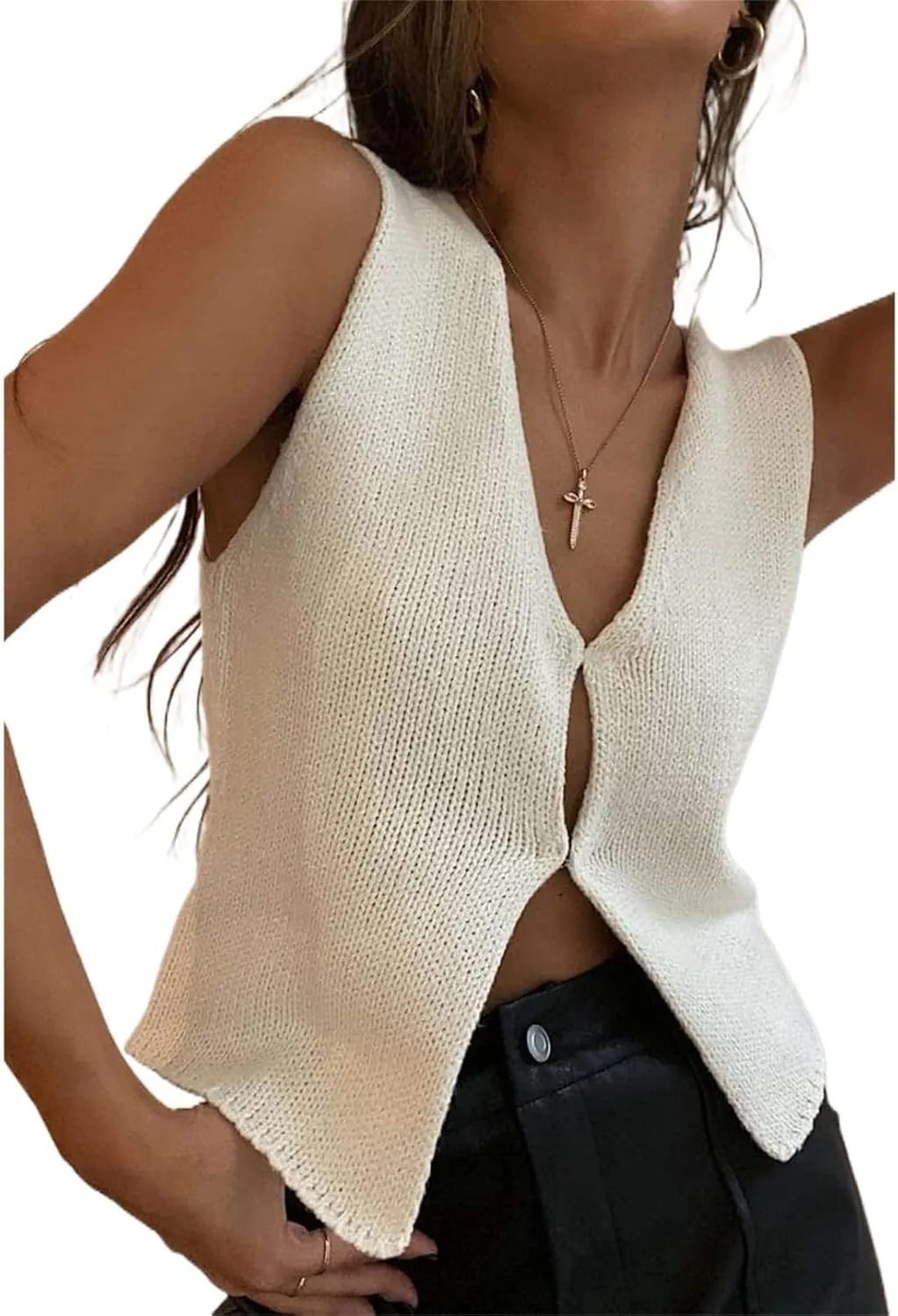 Women Vest Tops Sleeveless V Neck Button Up Knit Top