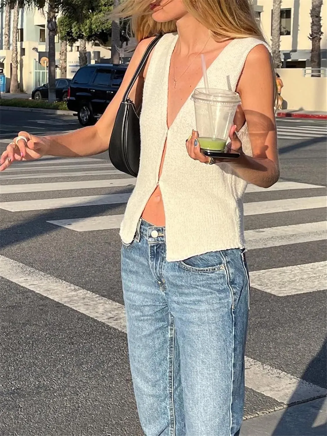 Women Vest Tops Sleeveless V Neck Button Up Knit Top