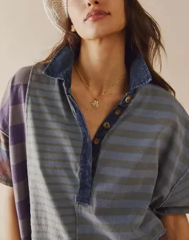 Women Y2k Contrast Striped T-Shirt Dress Summer Casual Colorblock Mini Dress Vintage V Neck Button Patchwork Dress