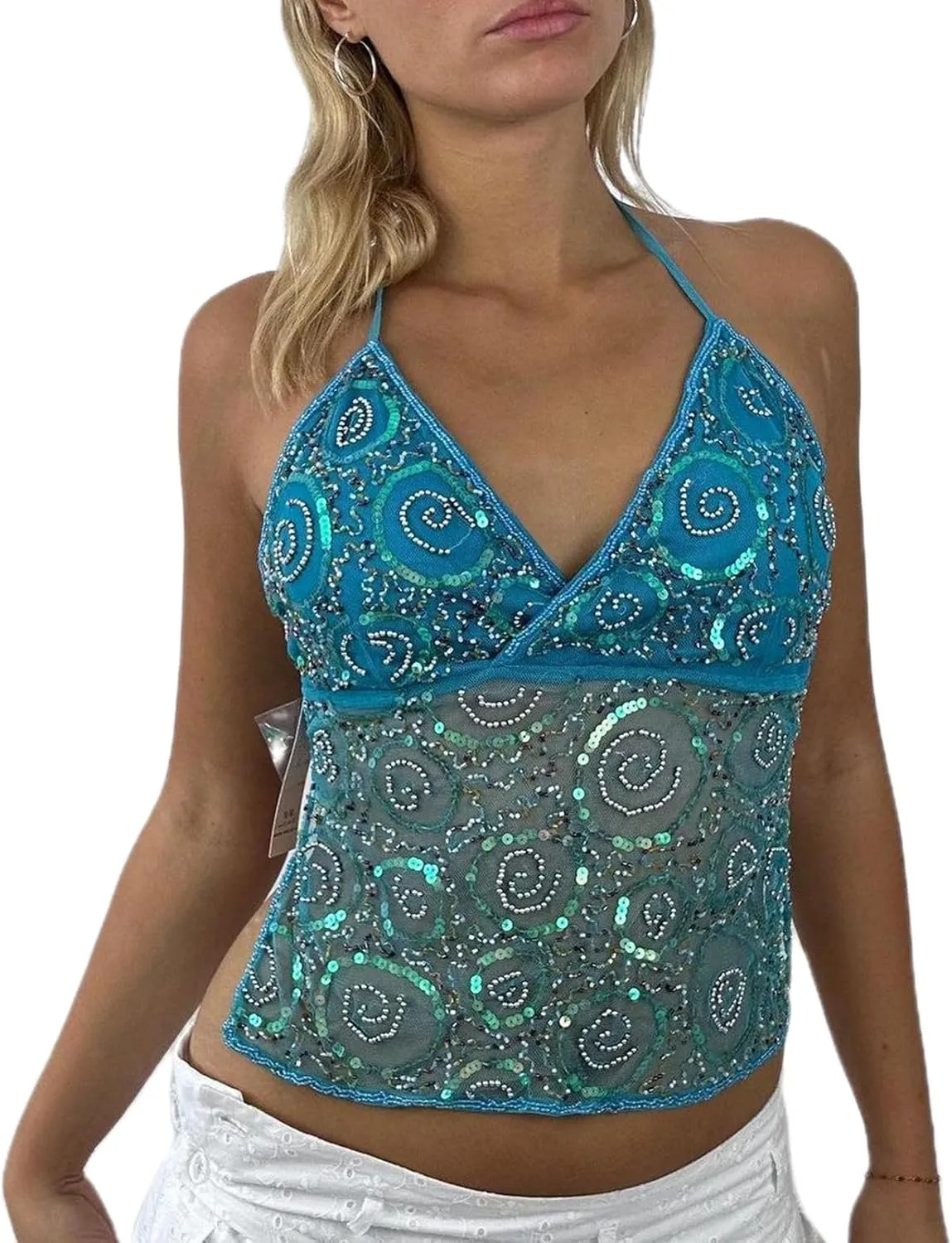 Women Y2k Sequin Cami Top Sexy Sexy V Neck Sparkle Glitter Tank Top Backless Pearl Rhinestone Going Out Tops