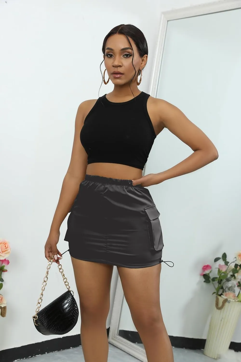 Womens Cargo Skirt Y2k High Waisted Pencil Mini Skirts for Women Sexy Trendy Short Side Drawstring Ruched Bodycon Cute Skirts