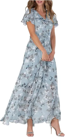Womens Chiffon Floral Maxi Dress Summer V Neck Short Sleeve Boho Wedding Guest Dress Empire Waist Modest Midi Dresses