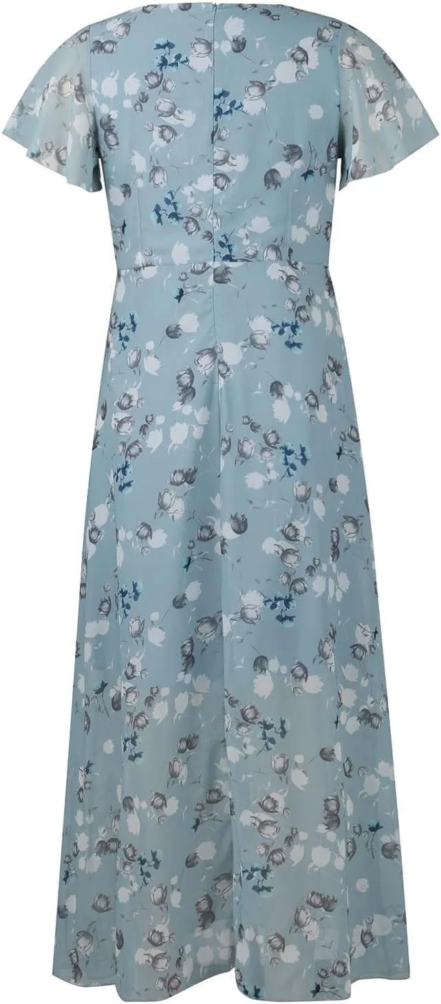 Womens Chiffon Floral Maxi Dress Summer V Neck Short Sleeve Boho Wedding Guest Dress Empire Waist Modest Midi Dresses