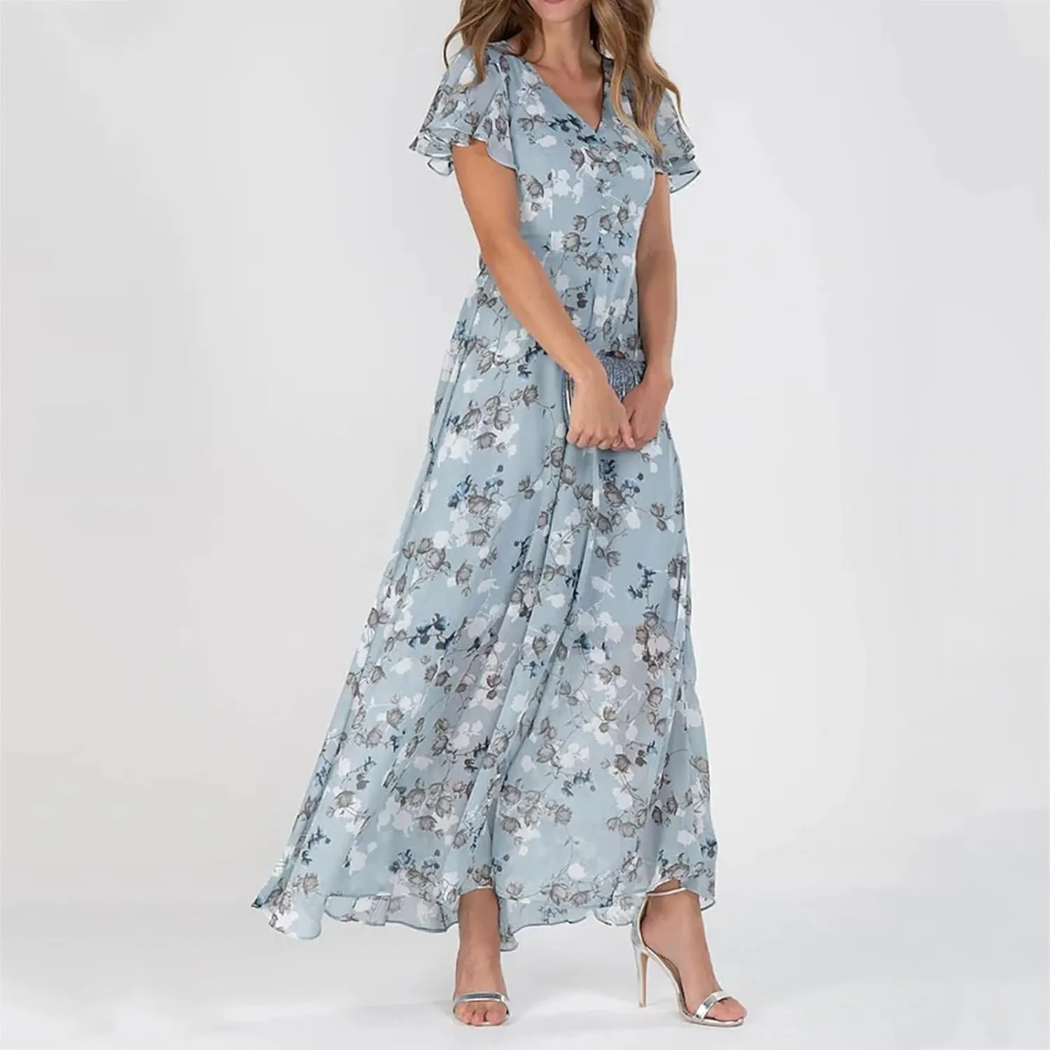Womens Chiffon Floral Maxi Dress Summer V Neck Short Sleeve Boho Wedding Guest Dress Empire Waist Modest Midi Dresses