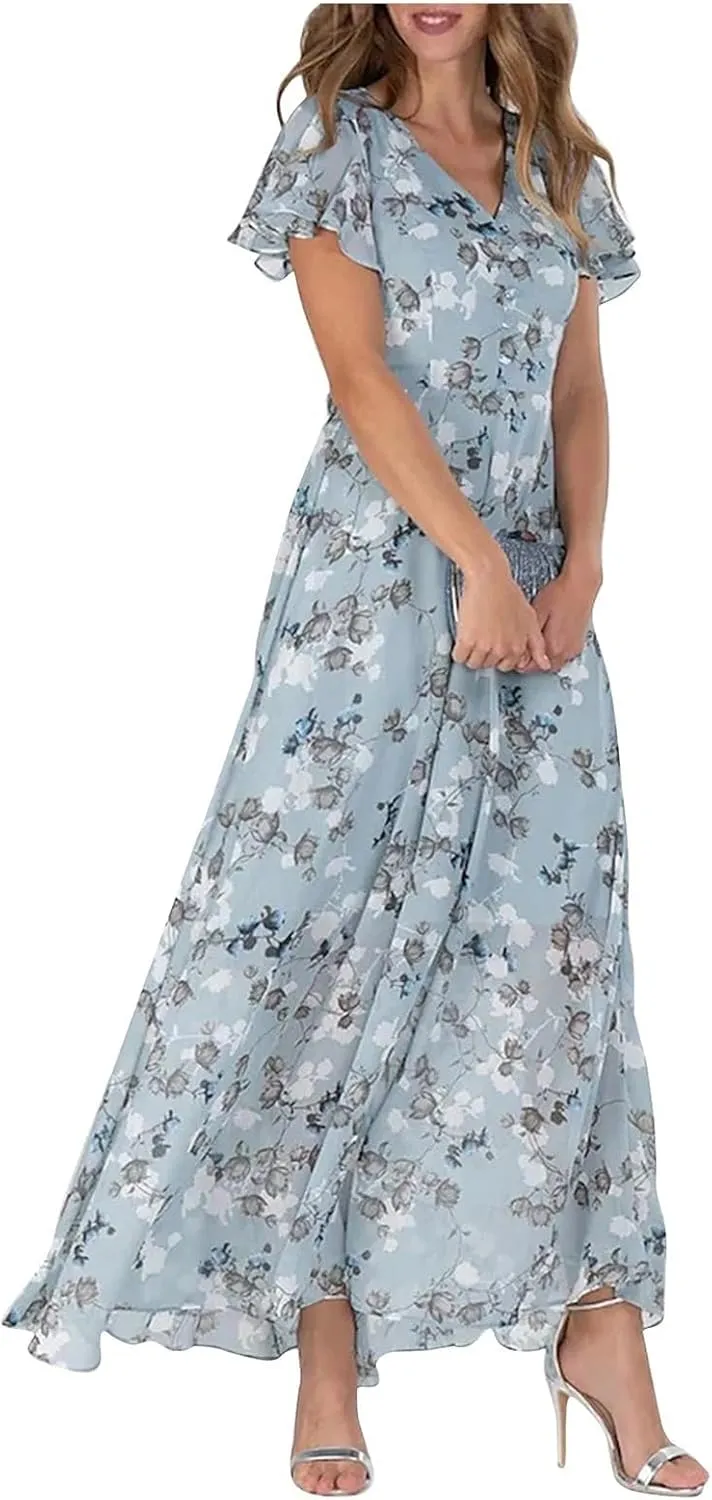 Womens Chiffon Floral Maxi Dress Summer V Neck Short Sleeve Boho Wedding Guest Dress Empire Waist Modest Midi Dresses