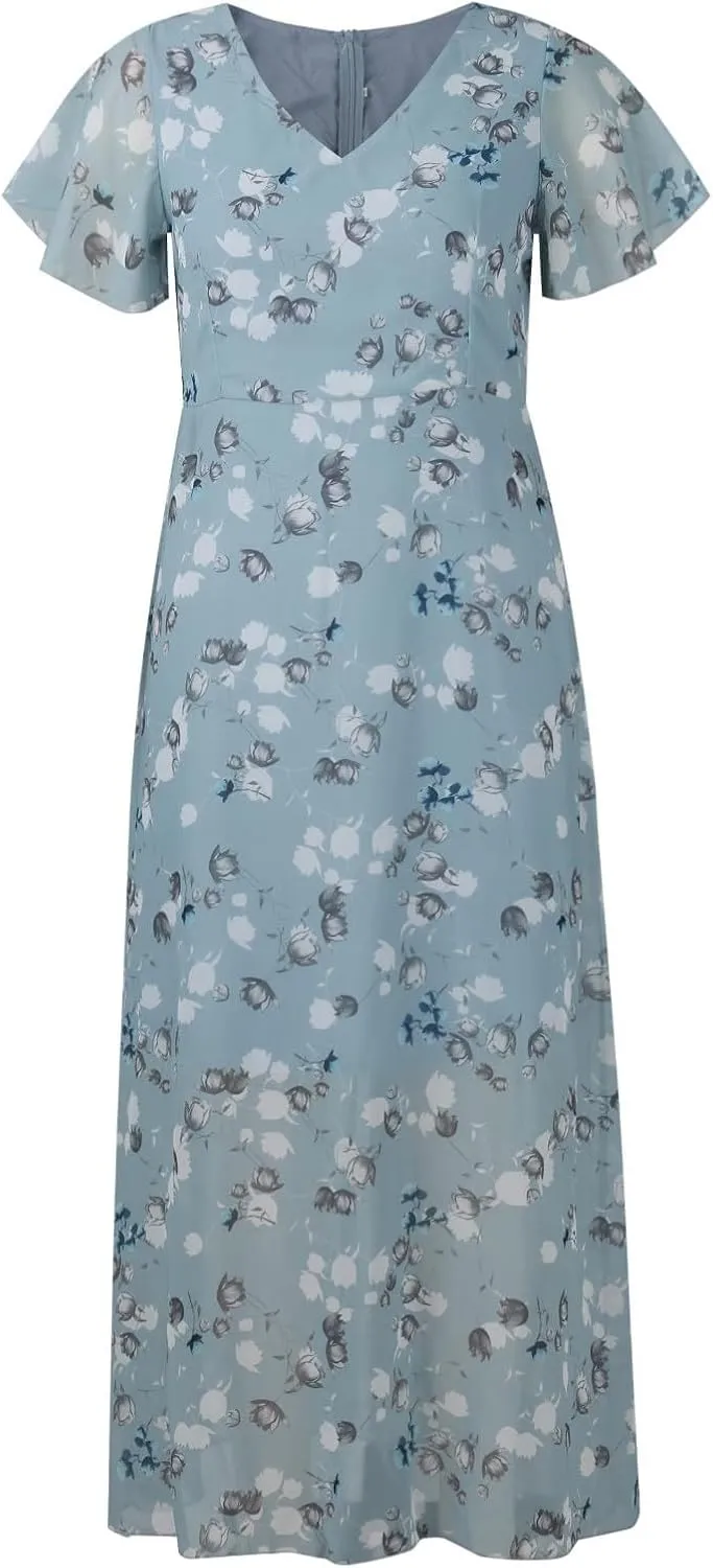 Womens Chiffon Floral Maxi Dress Summer V Neck Short Sleeve Boho Wedding Guest Dress Empire Waist Modest Midi Dresses