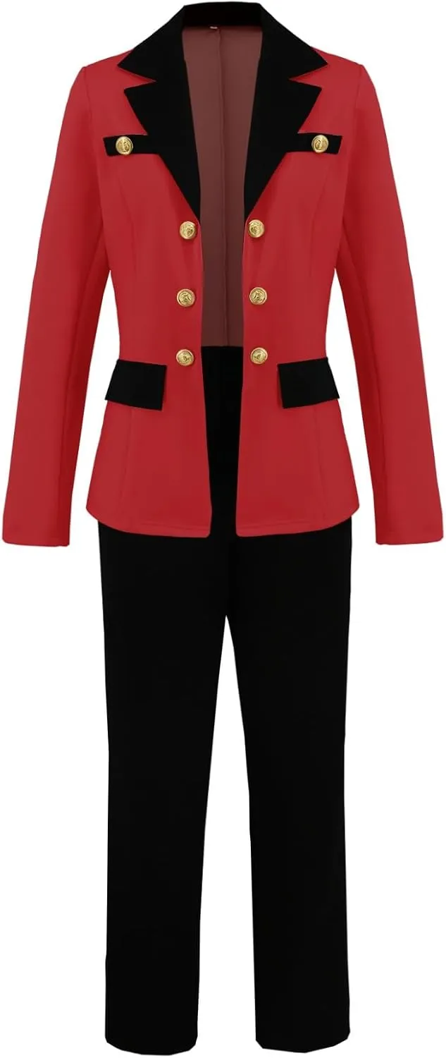 Women's Color-Block Blazer Set with Trousers Long Sleeve Open Front Suit Jacket