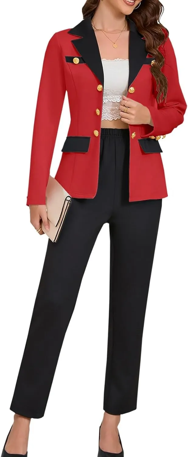 Women's Color-Block Blazer Set with Trousers Long Sleeve Open Front Suit Jacket