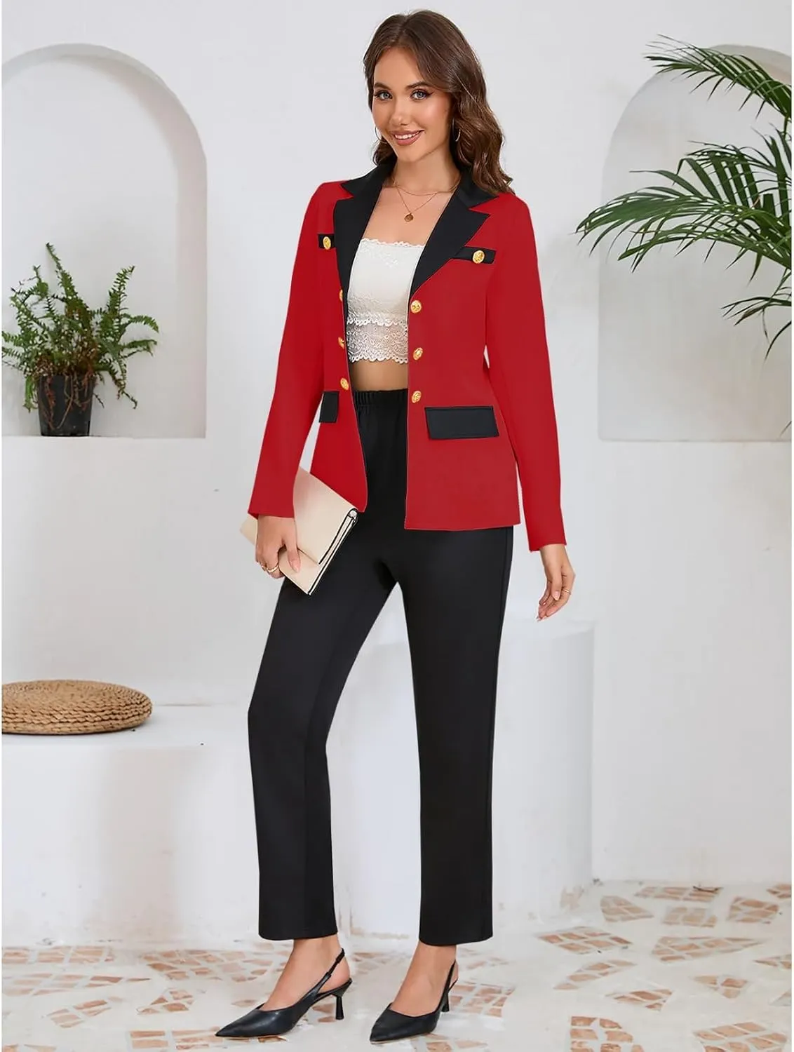 Women's Color-Block Blazer Set with Trousers Long Sleeve Open Front Suit Jacket