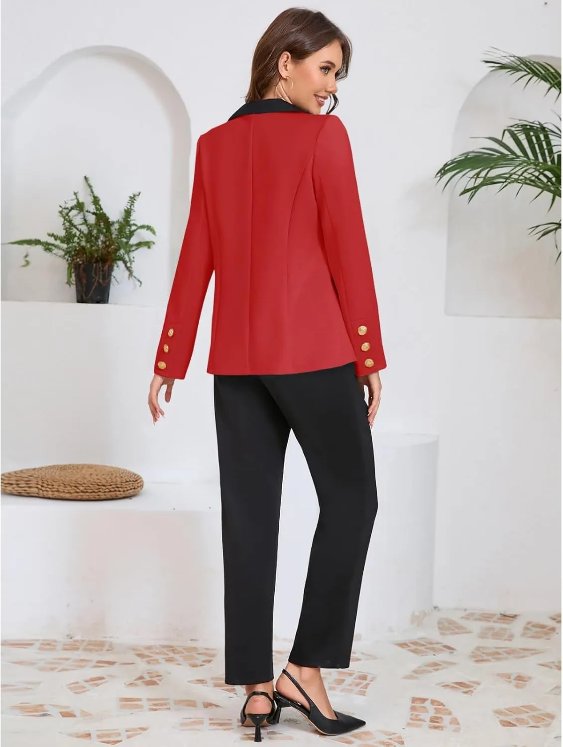 Women's Color-Block Blazer Set with Trousers Long Sleeve Open Front Suit Jacket