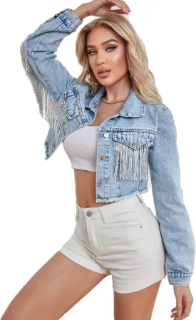Womens Crop Denim Jacket Tassel Casual Jean Coat With Fringe