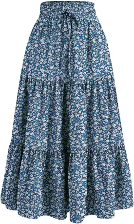 Womens High Elastic Waist Midi Skirt Summer Flowy Ruffle Pleated A line Skirts Lightweight Boho Tiered Skirt