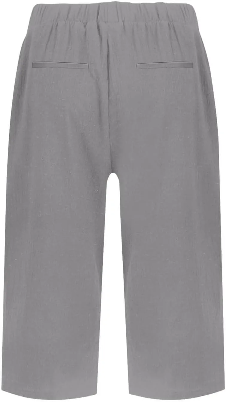 Women's High Waisted Linen Capri Pants Wide Leg Cropped Trousers with Pockets Bermuda Shorts for Casual Summer & Beach Wear