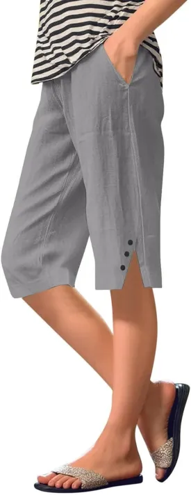 Women's High Waisted Linen Capri Pants Wide Leg Cropped Trousers with Pockets Bermuda Shorts for Casual Summer & Beach Wear