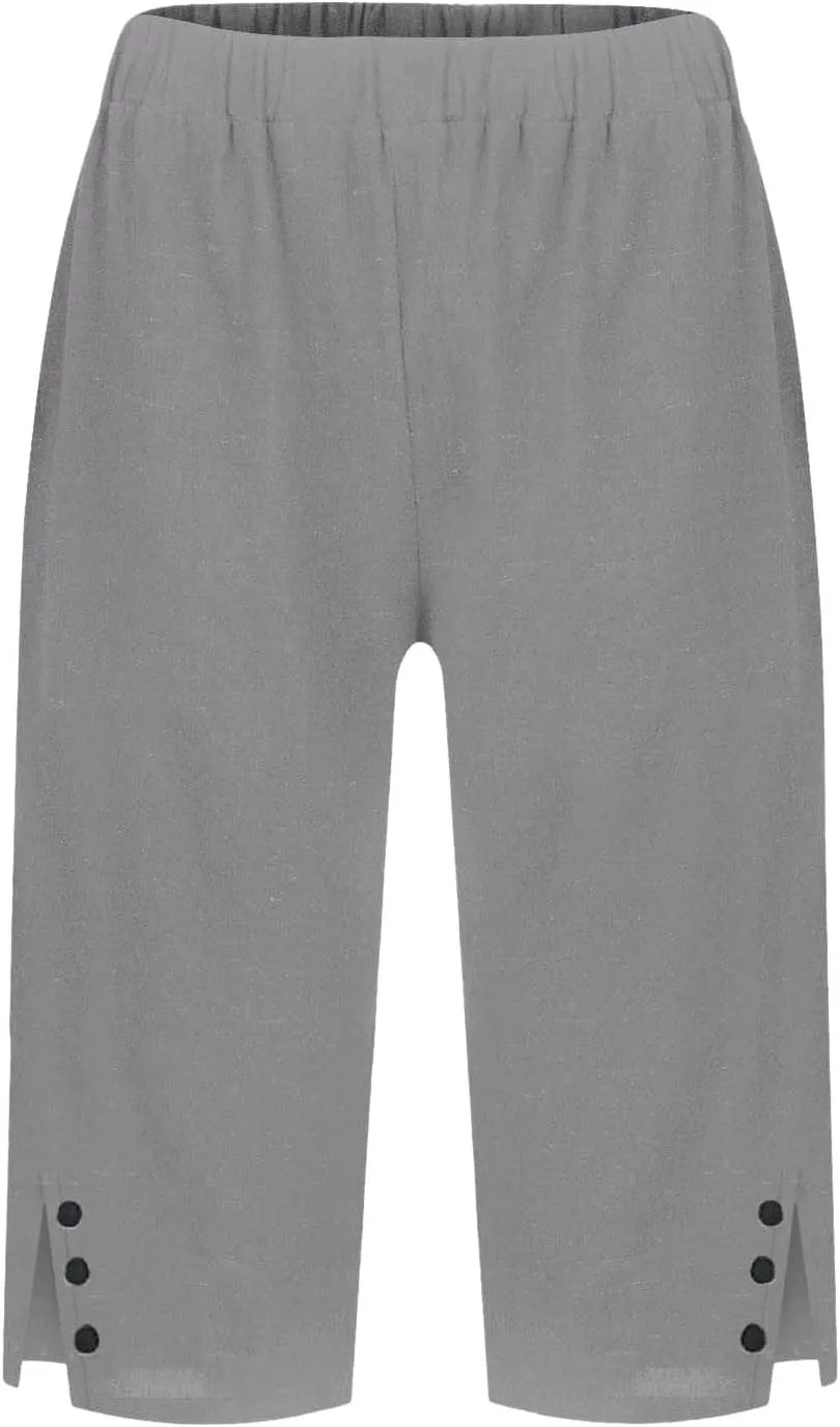 Women's High Waisted Linen Capri Pants Wide Leg Cropped Trousers with Pockets Bermuda Shorts for Casual Summer & Beach Wear