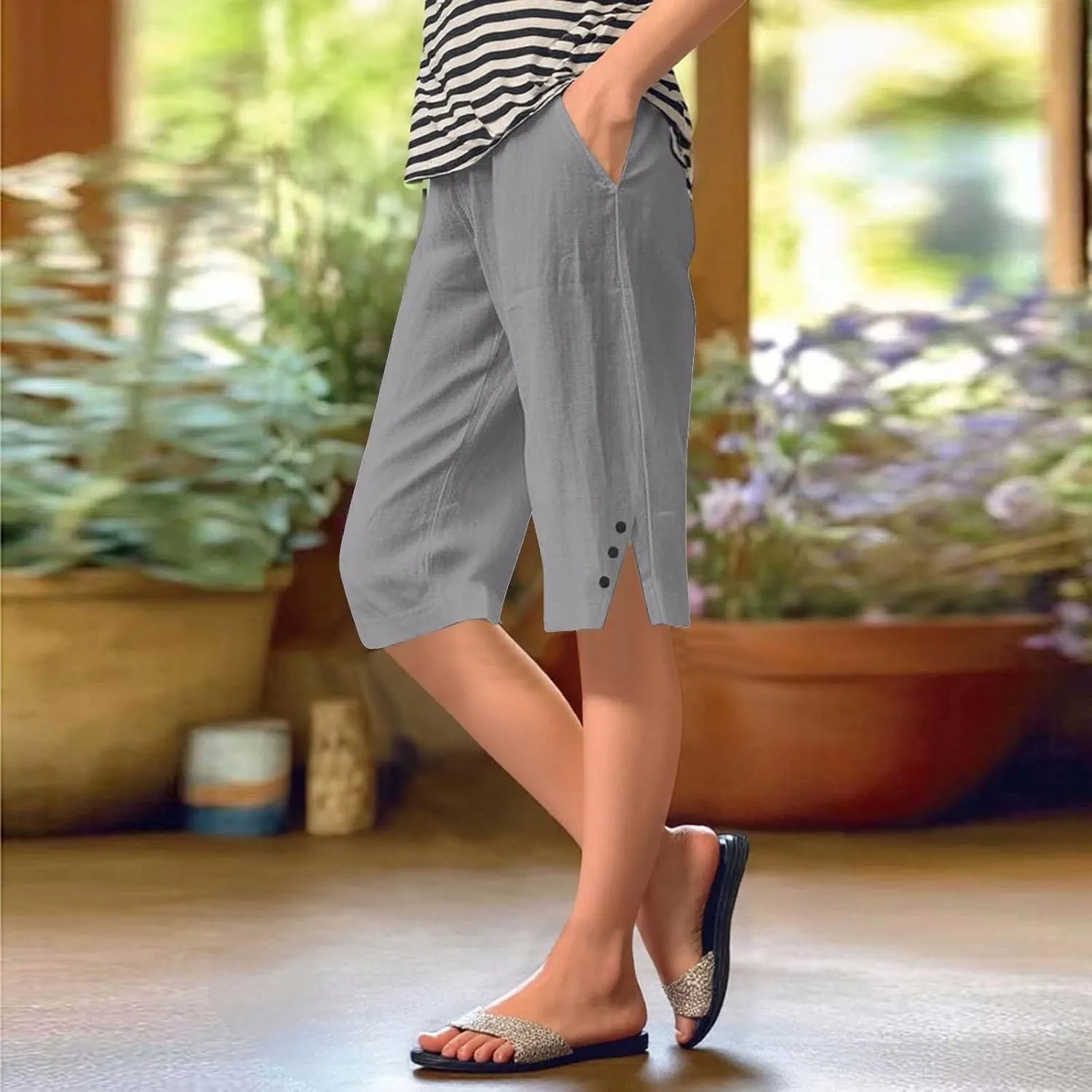 Women's High Waisted Linen Capri Pants Wide Leg Cropped Trousers with Pockets Bermuda Shorts for Casual Summer & Beach Wear