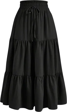 Womens Maxi Skirt Drawstring High Waisted Summer Long Skirts Lightweight Tiered Flowy Floral Pleated Skirts w/Pockets