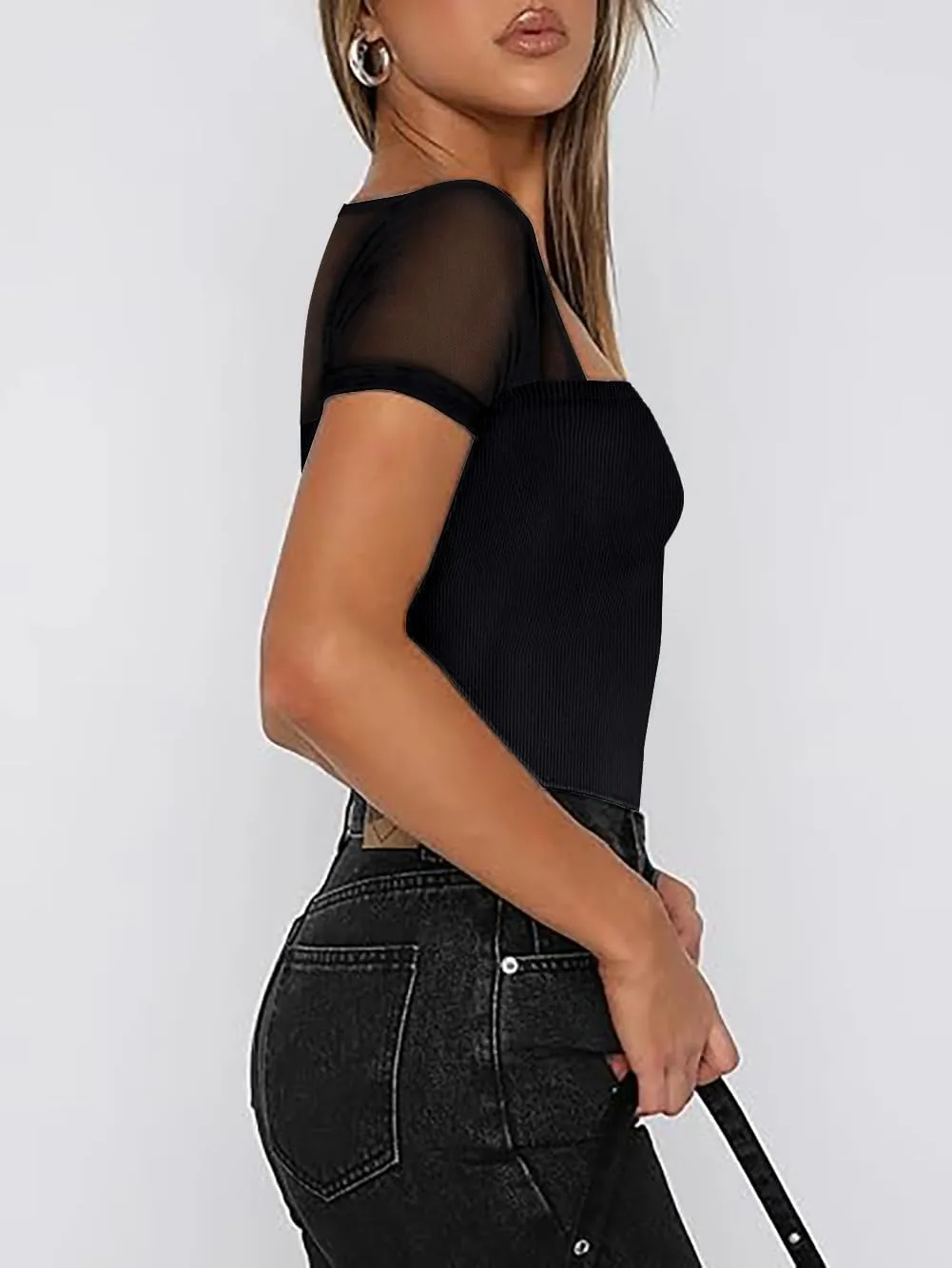 Women's Mesh Shoulder Transparent Casual Top Short Sleeved Tight Fitting Shirt Top Slim Fit Modified Abdominal Tops