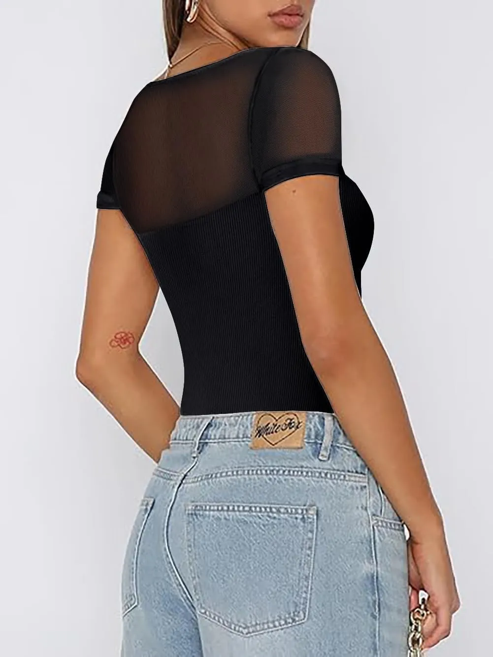 Women's Mesh Shoulder Transparent Casual Top Short Sleeved Tight Fitting Shirt Top Slim Fit Modified Abdominal Tops