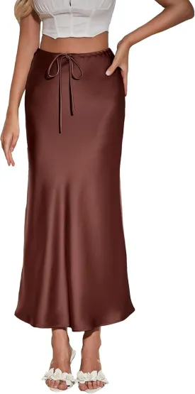 Womens Satin Maxi Skirt High Waisted Silk Elegant A Line Cocktail Party Long Skirts