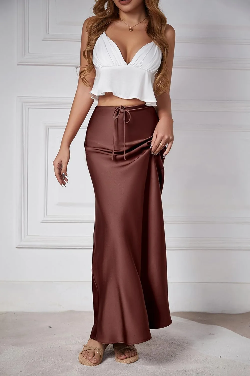 Womens Satin Maxi Skirt High Waisted Silk Elegant A Line Cocktail Party Long Skirts