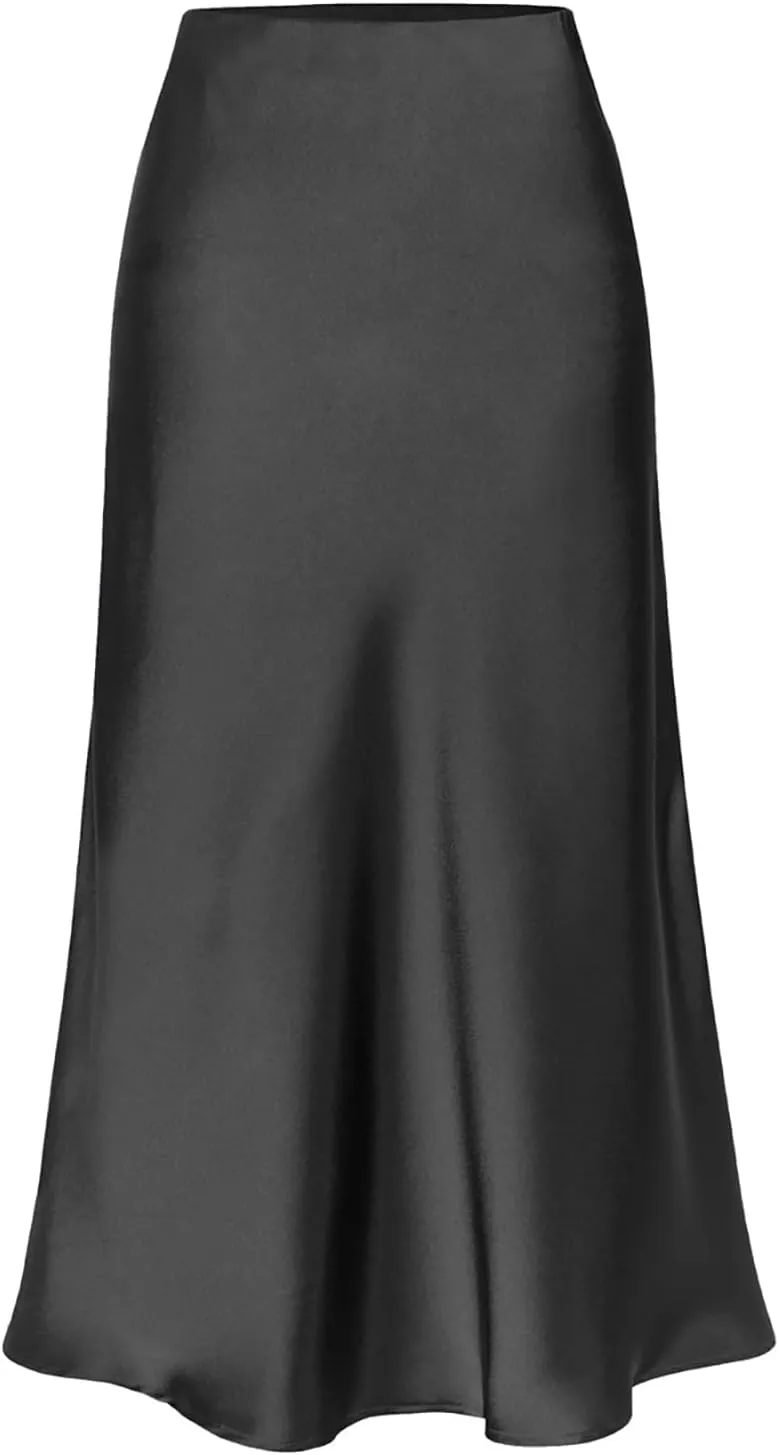 Women's Satin Midi Skirts Silky Elastic High Waist A Line Slit Skirt