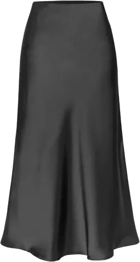 Women's Satin Midi Skirts Silky Elastic High Waist A Line Slit Skirt
