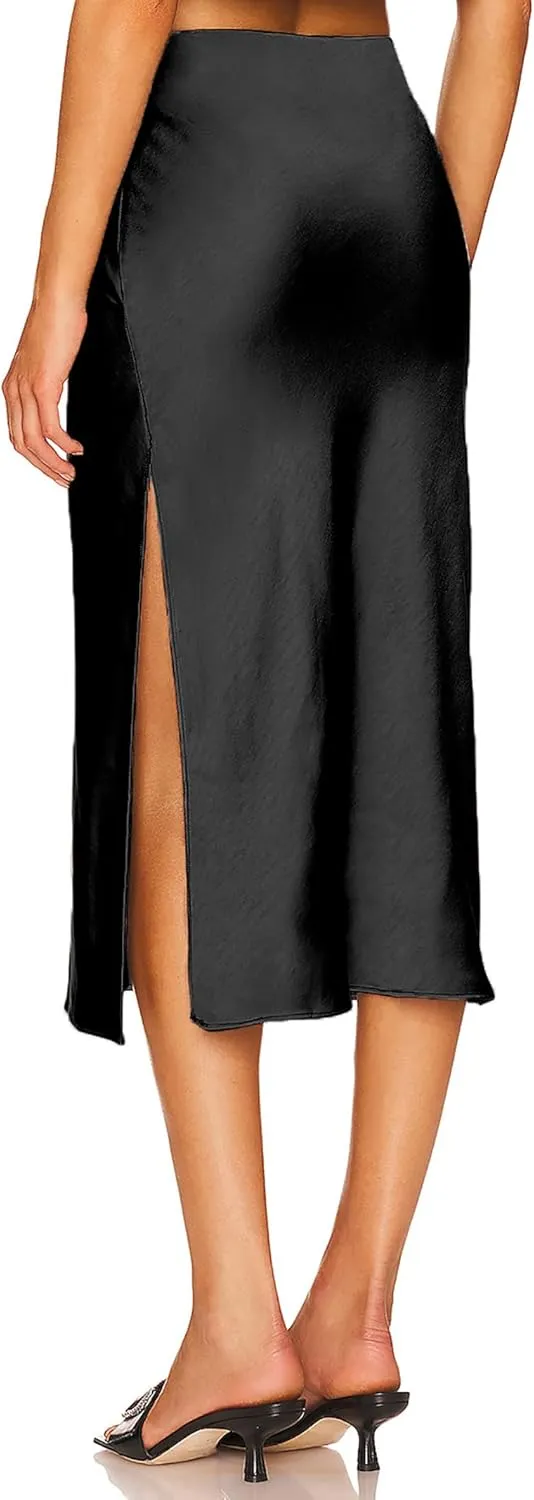 Women's Satin Midi Skirts Silky Elastic High Waist A Line Slit Skirt