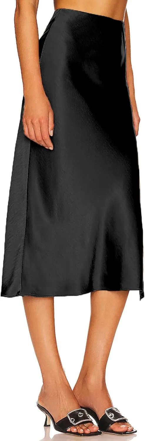 Women's Satin Midi Skirts Silky Elastic High Waist A Line Slit Skirt