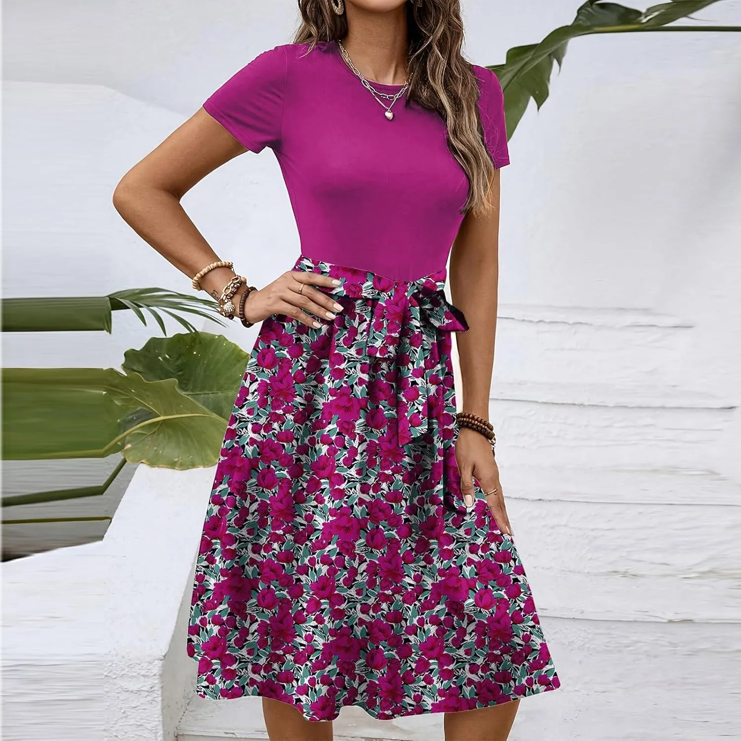 Women's Short Sleeve Dresses Empire Waist Floral Printing Crewneck Color Blocked Belt Casual Midi Length Dress