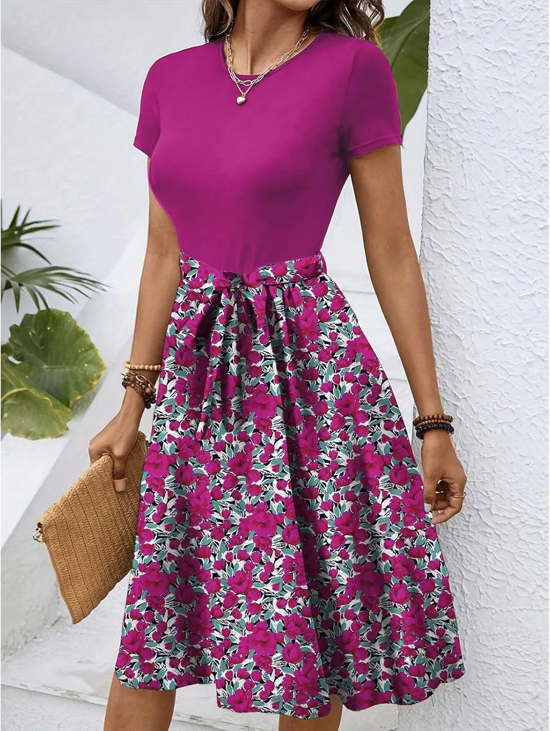 Women's Short Sleeve Dresses Empire Waist Floral Printing Crewneck Color Blocked Belt Casual Midi Length Dress