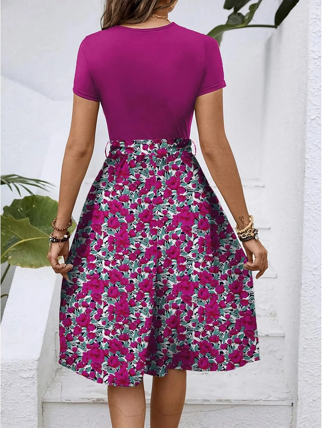 Women's Short Sleeve Dresses Empire Waist Floral Printing Crewneck Color Blocked Belt Casual Midi Length Dress