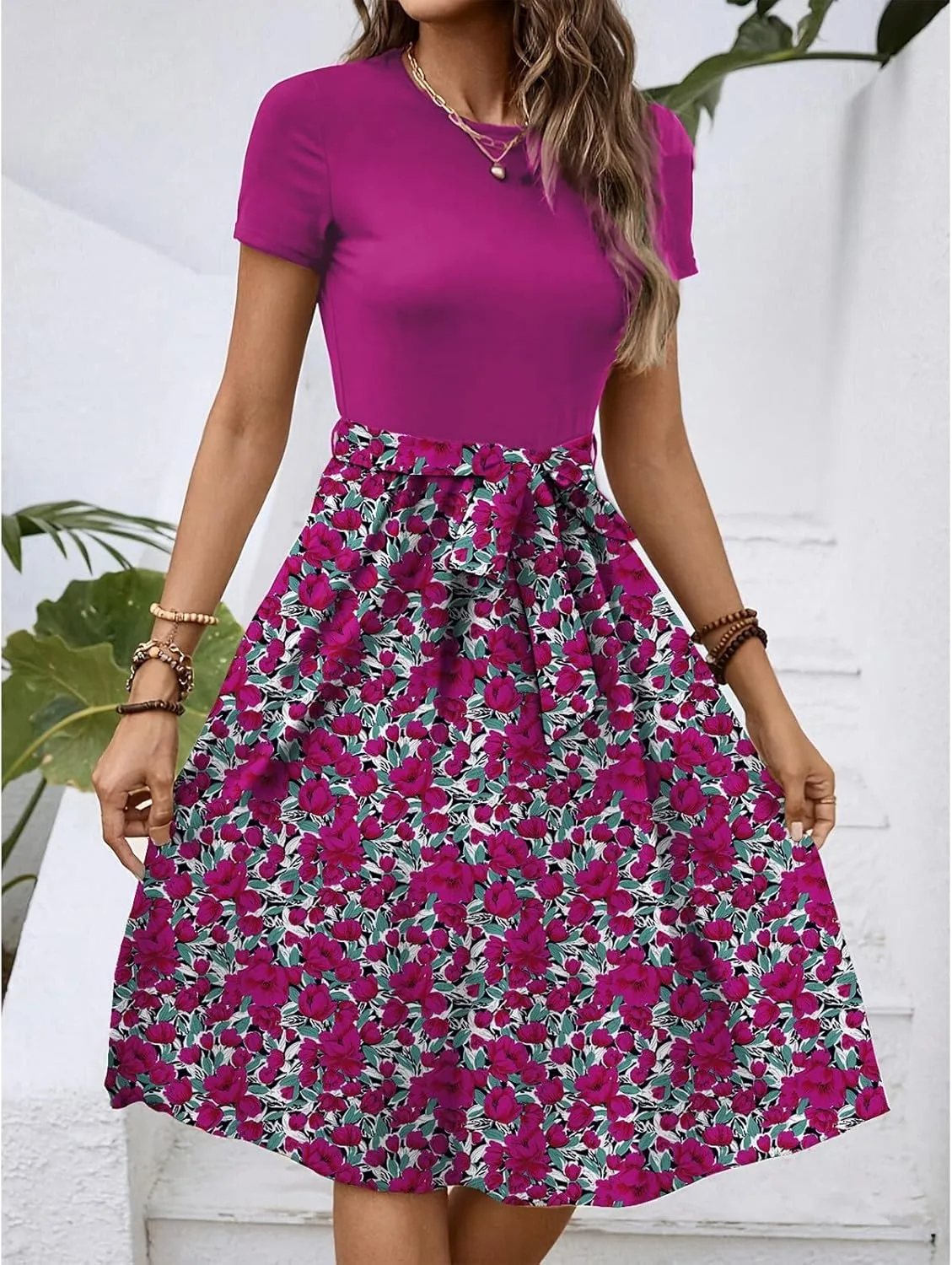 Women's Short Sleeve Dresses Empire Waist Floral Printing Crewneck Color Blocked Belt Casual Midi Length Dress