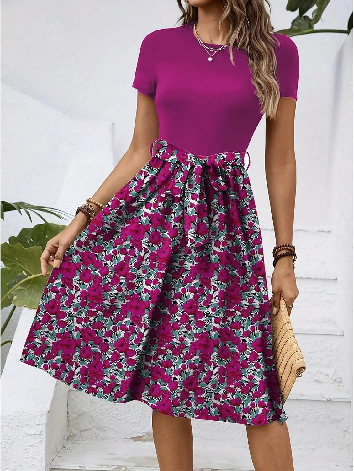 Women's Short Sleeve Dresses Empire Waist Floral Printing Crewneck Color Blocked Belt Casual Midi Length Dress