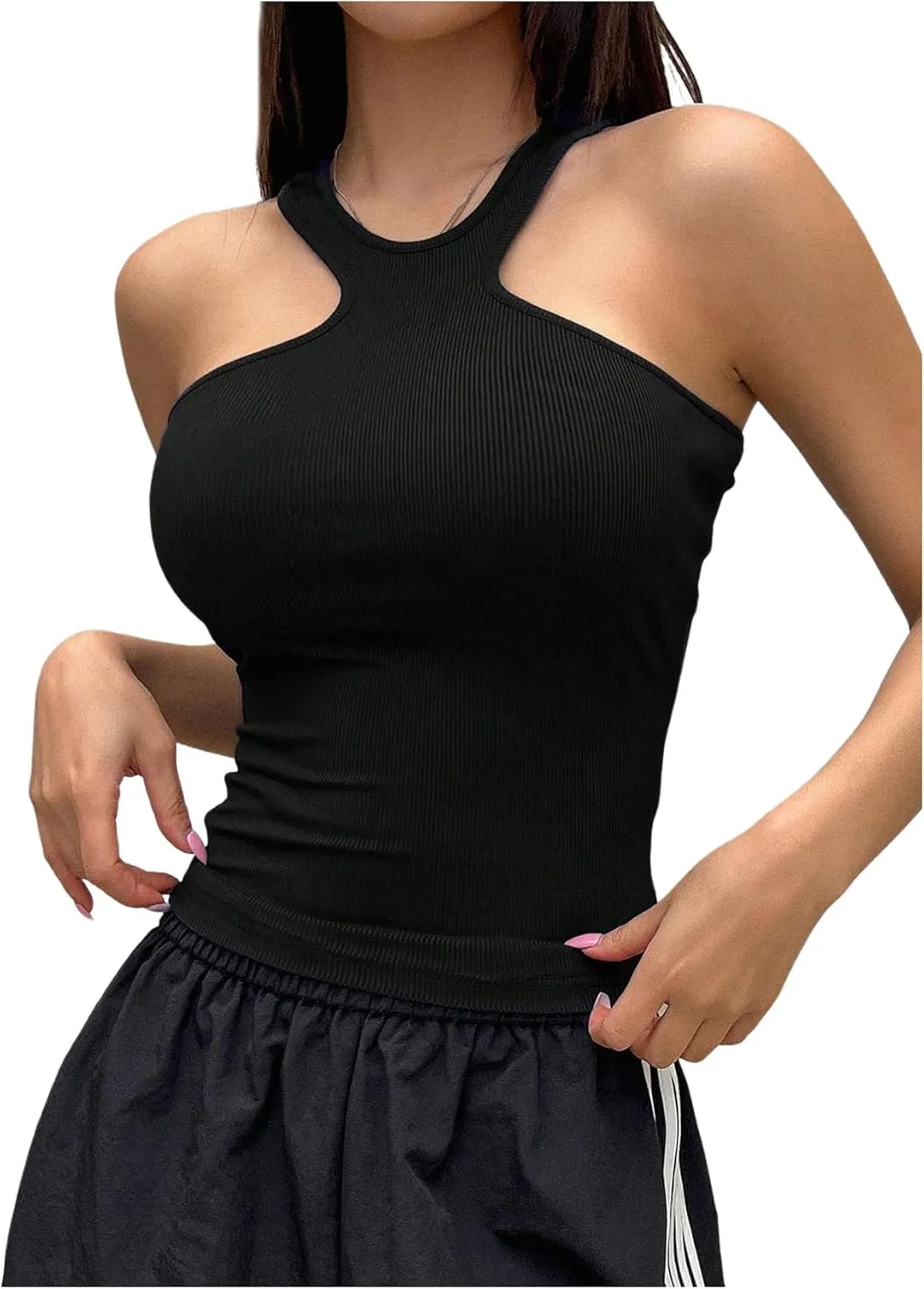 Women's Sleeveless Tank Top Halter Top Ribbed Knit Slim Fit Crop Tops Yoga Workout Shirts