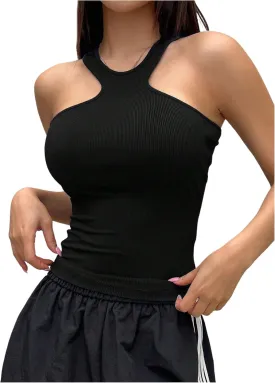 Women's Sleeveless Tank Top Halter Top Ribbed Knit Slim Fit Crop Tops Yoga Workout Shirts