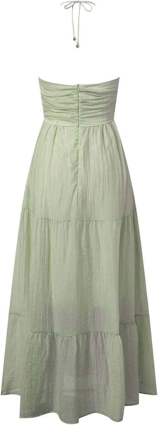 Women's Summer Sleeveless Halter Neck Boho Long Dress Backless Ruffle Hem Tiered Flowy Maxi Sundress Beach Vacation