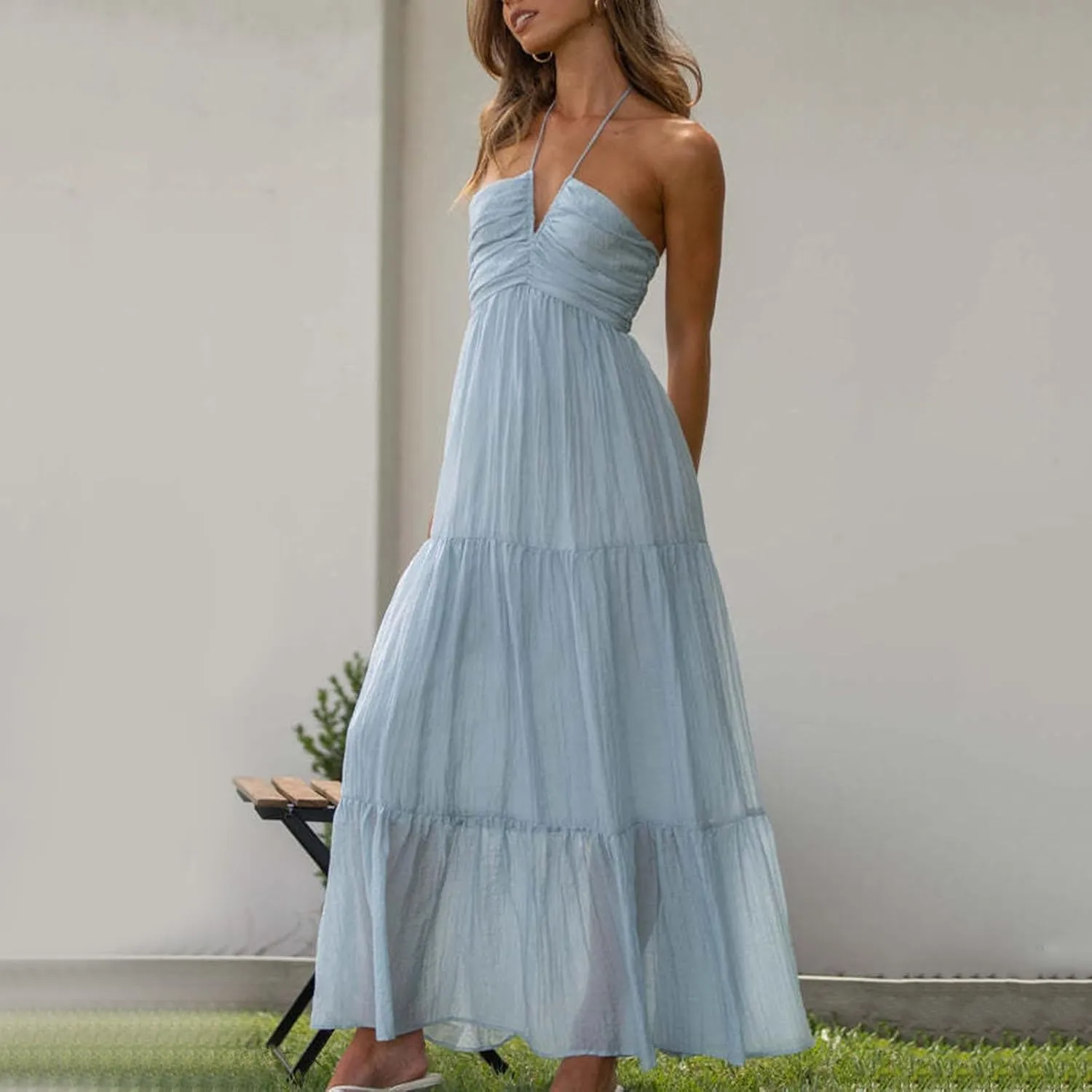 Women's Summer Sleeveless Halter Neck Boho Long Dress Backless Ruffle Hem Tiered Flowy Maxi Sundress Beach Vacation