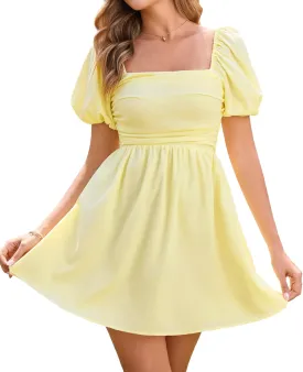 Women's Summer Square Neck Short Dress Boho Puff Sleeve Off Shoulder Casual A Line Graduation Mini Dresses