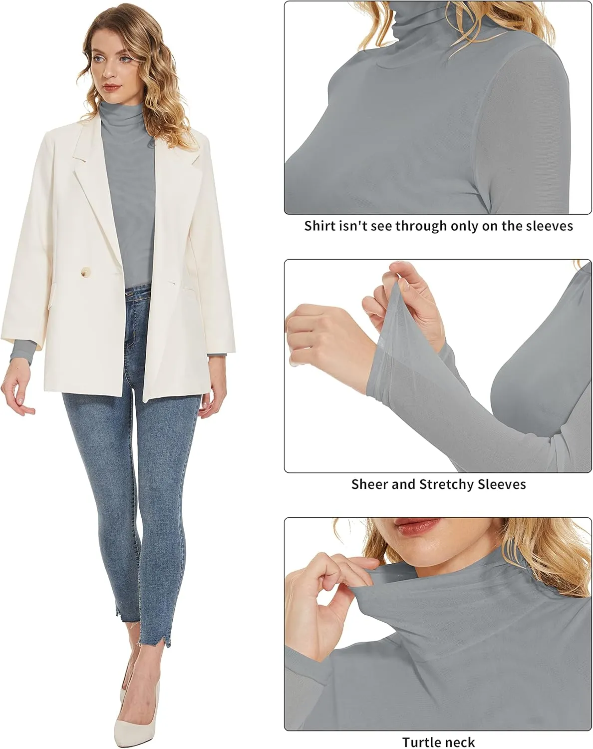 Women's Turtleneck Top Long Sleeve Slim Fit Shirts Mesh Sheer See Through Casual Top