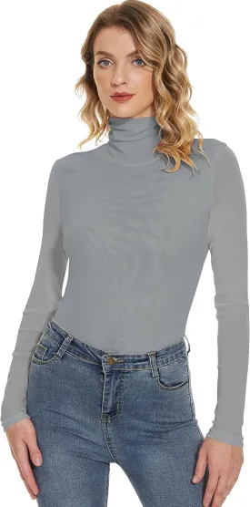 Women's Turtleneck Top Long Sleeve Slim Fit Shirts Mesh Sheer See Through Casual Top